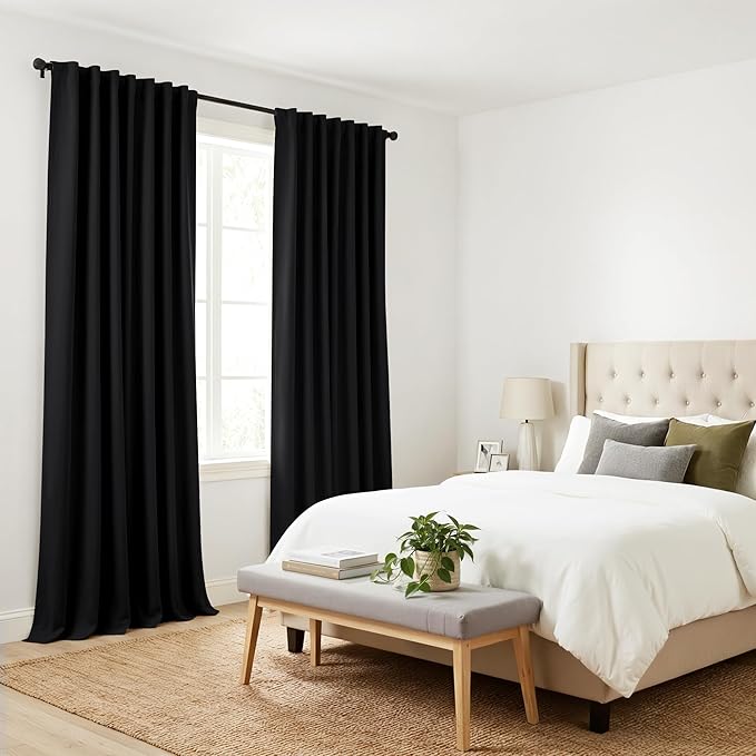 PONY DANCE Blackout Curtains 96 inch Long, Room Darkening Ceiling to Floor Curtains for Bedroom, Thermal Insulated Drapes for Living Room Window, Back Tab/Rod Pocket, 52 Inch Wide, 2 Panels, Black