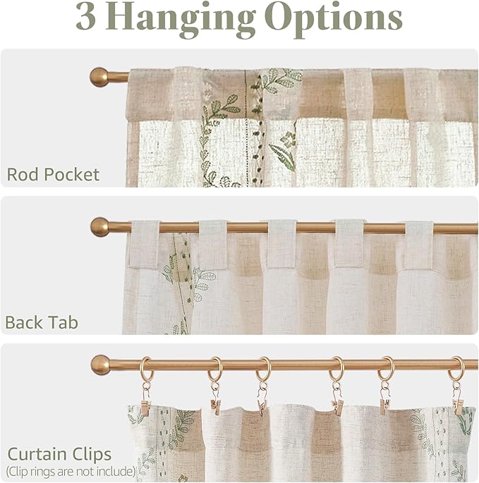 jinchan Belrose Linen Floral Kitchen Curtains 24 inch Length Embroidered Farmhouse Cafe Curtains for Living Room Bathroom Small Windows Curtain Set Sheer Light Filtering 2 Panels Sage Green