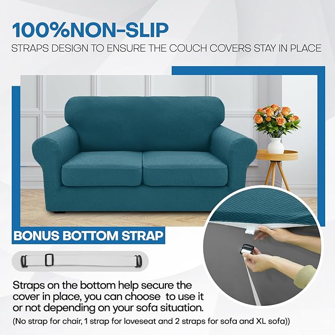 XINEAGE New 3 Pieces Couch Covers for 2 Extra Large Cushion Sofa Super Stretch Sofa Cover for 2 Large Seat Universal Loveseat Slip Cover for Living Room (Peacock Blue), 71"-91"(2 Cushions)