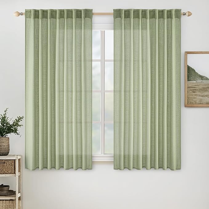 MIULEE Sage Green Linen Curtains 54 Inch Length 2 Panels for Bedroom Living Room, Soft Thick Linen Textured Short Window Drapes Semi Sheer Light Filtering Back Tab Rod Pocket Burlap Look Decor
