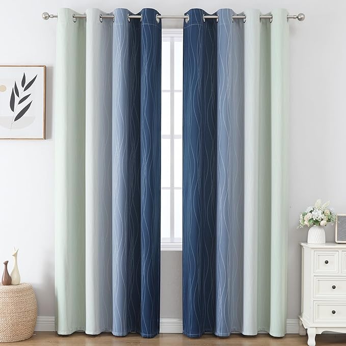 Estelar Textiler Ombre Blackout Curtains 102 Inches Long 2 Panels Set, Navy Blue and Sage Green Thermal Insulated Drapes for Bedroom, Full Room Darkening Grommet Curtains for Living Room, 52Wx102L