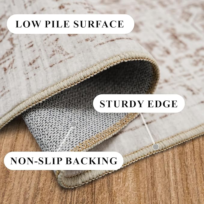 Washable 2'6''x8' Runner Rug - Non-Slip Vintage Runner Rug for Entryway Low-Pile Medallion Long Rugs for Hallway Waterproof Traditional Indoor Thin Rug for Kitchen (Cream/Beige)