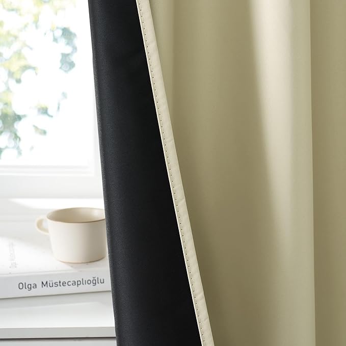 RYB HOME Bedroom Blackout Curtains 63 inches Long, 100% Blackout Thermal Insulated Noise Reducing Curtains for Living Room Nursury, 42 inches Wide by 63 inches Long, Beige