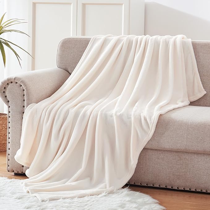 Exclusivo Mezcla Fleece Ivory Throw Blanket for Couch, Sofa, Super Soft and Warm Blankets, All Season, Cozy, Plush, Lightweight, 50x60 Inches