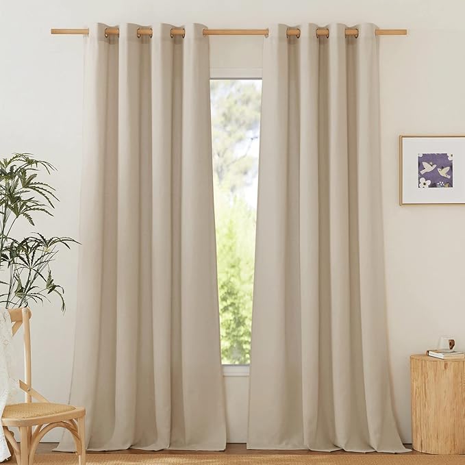 NICETOWN Rustic Linen 132 inch Long Curtains for Living Room, Grommet Privacy Added Thick Linen Weave with Light Filter Window Curtains & Drapes for Bedroom, Angora, W55 x L132, 2 Panels