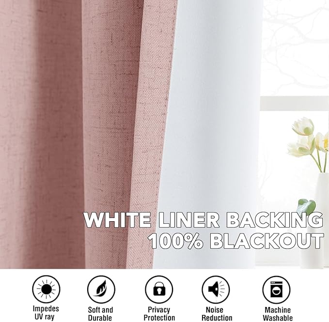 H.VERSAILTEX Linen Curtains 100% Blackout Curtains for Bedroom 108 inch Long Full Light Blocking Nature Linen Blended Window Curtains for Living Room Nickel Grommet (2 Panels, Heathered Baby Pink)