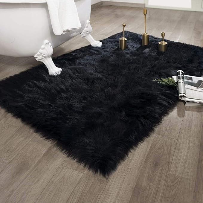 Ashler faux fur rug, Fluffy Shaggy Area Rug Ultra Soft 3 x 5 Feet Rectangle Fur Rug Black Fuzzy Rug Machine Washable Shag Rug, Nursery Decor Throw Rugs for Bedroom, kids room, Living Room