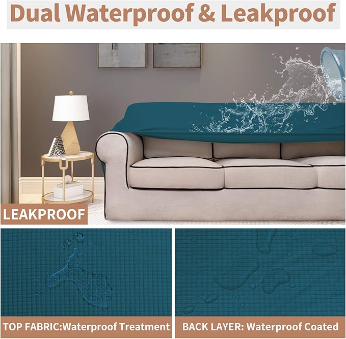 Easy-Going 100% Waterproof Couch Cover, Dual Waterproof Sofa Cover, Stretch Jacquard Sofa Slipcover, Leakproof Furniture Protector for Kids, Pets, Dog and Cat(Oversized Sofa, Peacock Blue)