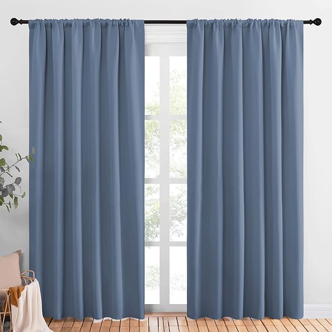 NICETOWN Living Room Curtains, Blackout Curtain Panels, Window Treatment Energy Saving Thermal Insulated Solid Rod Pocket Blackout Drapes/Draperies (Stone Blue, 1 Pair, 70 by 84-inch)