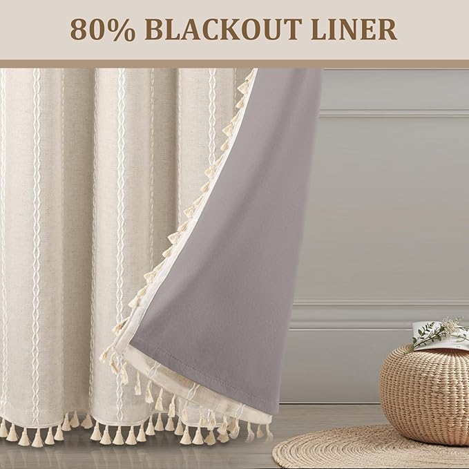 Boho 80% Blackout Curtains with Gray Liner 90 Inches Long 2 Panels Set, Beige Linen Blend Drapes with Tassels and Cotton Embroidered for Living Room Bedroom