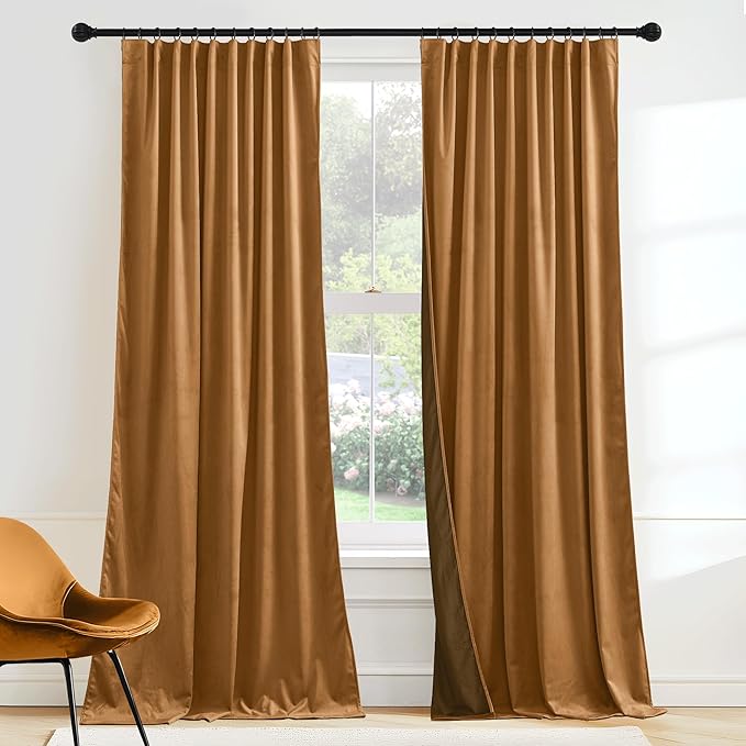 RYB HOME Luxurious Bronze Velvet Curtain Panels for Living Room Bedroom, Heavy Duty Thermal Insulated Floor-Length Velvet Drapes with Hook Belt for Vintage Decor, 52" W x L96 L, 2 Panels Set