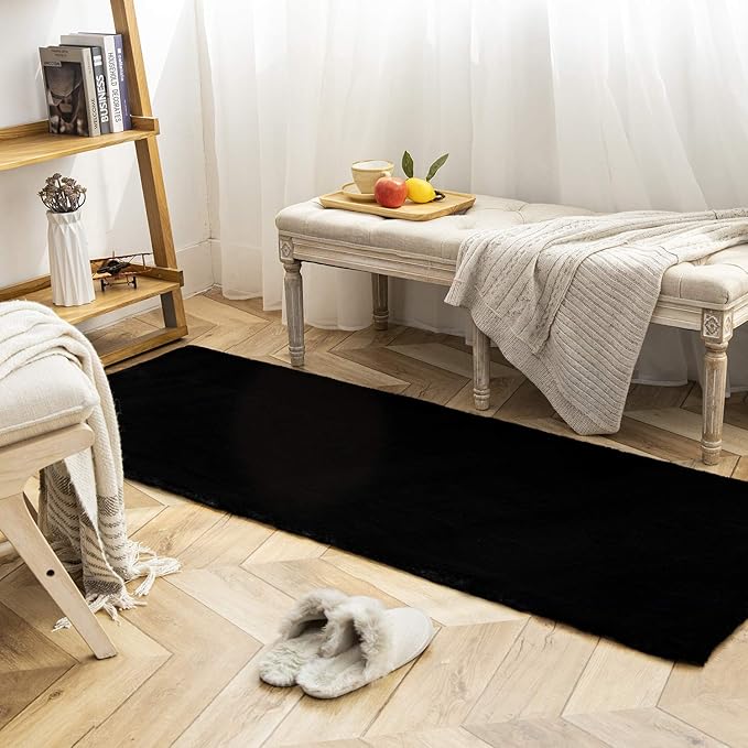 Ashler Faux Fur Rug, Ultra Soft Faux Rabbit Fur, Black Area Rugs, 2.2 x 6 Feet Rectangle, Machine Washable Nursery Decor Throw Rugs for Bedroom, Kids Room, Living Room
