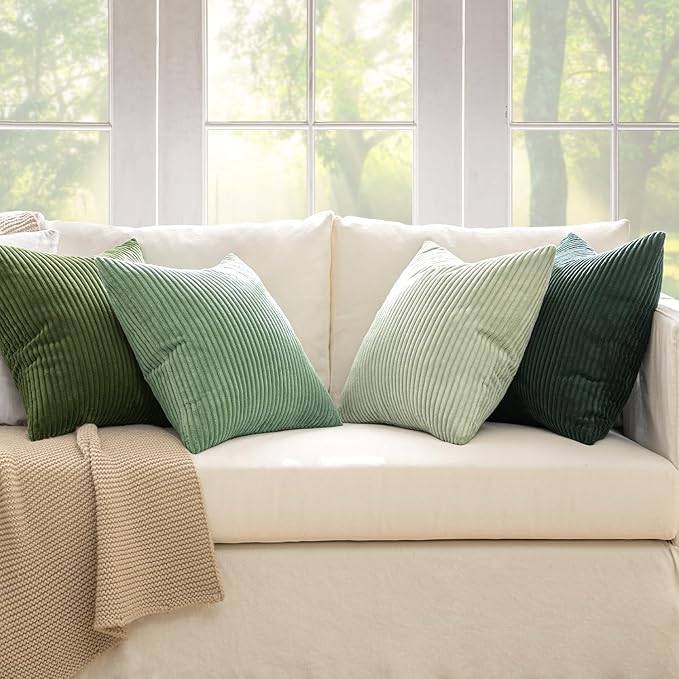 MIULEE Boho Farmhouse Sage Green Throw Pillow Covers 22x22 Inch Set of 4 Mordern Nordic Cushion Covers Soft Corduroy Spring Home Decor for Couch Bed Sofa Living Room Forest Green