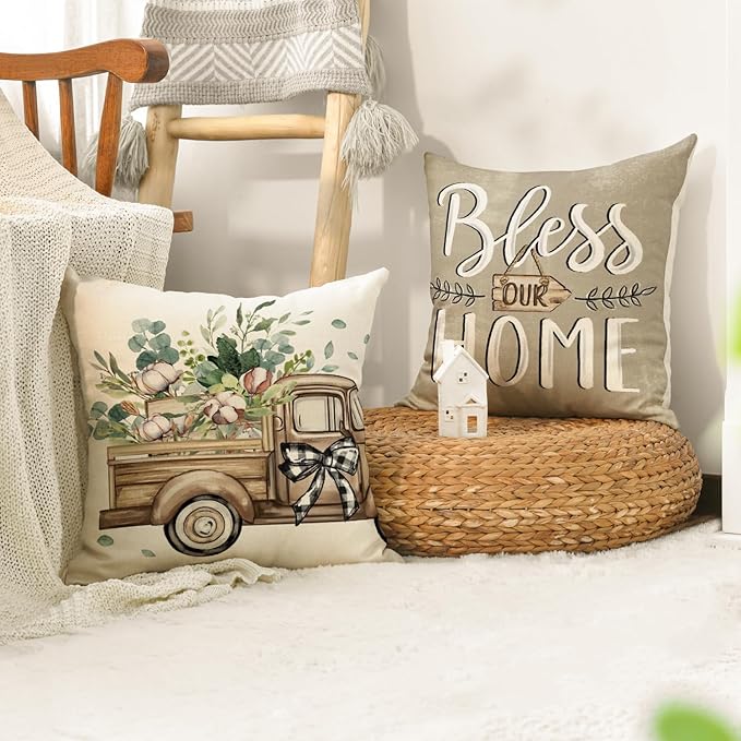 AVOIN colorlife Bless Our Home Sweet Home Farmhouse Eucalyptus Leaves Throw Pillow Covers, 20 x 20 Inch Truck Cushion Case Decorations Set of 4