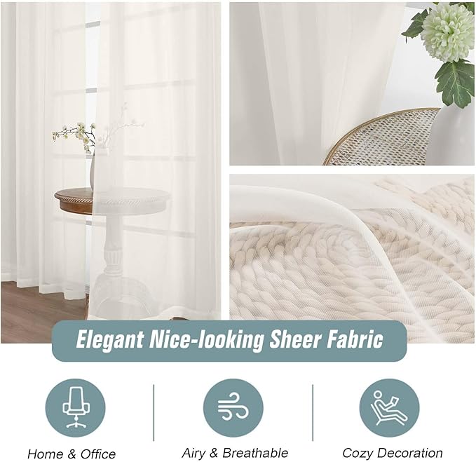 Ivory Window Sheer Curtains 45 Inches Length, Voile Short Curtains for Living Room Bedroom, Modern Soft Window Drapes 2 Panels Set, Top Dual Rod Pocket Design, 2x42Wx45L Inches