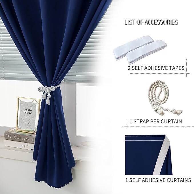 Self Adhesive Portable Blackout Curtains for Bedroom Easy to Install Window Thermal Lnsulated Kitchen Room Darkening Small Window Curtains, 59" W X 59" L, Navy Blue, 1 Panel