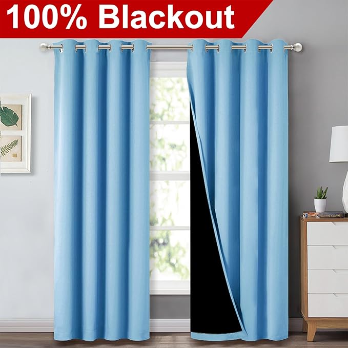 NICETOWN 100% Blackout Curtains 84 inches Long, Blue, 52 inches Wide, Pair of Energy Smart & Noise Blocking Out Drapes for Baby Room Window, Thermal Insulated Guest Room Lined Window Dressing