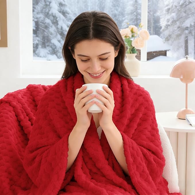 BEDELITE Fleece Twin Blanket for Couch & Bed - 3D Jacquard Decorative Red Throw, Super Soft and Cozy Warm Fuzzy Blanket All Seasons Suitable, 60x80Inches