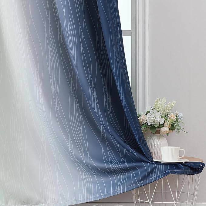 Estelar Textiler Navy Blue and Sage Green Ombre Blackout Curtains 84 Inch Length 2 Panels Set,Thermal Insulated Gradient Drapes for Bedroom,Full Room Darkening Grommet Curtains for Living Room,52Wx84L