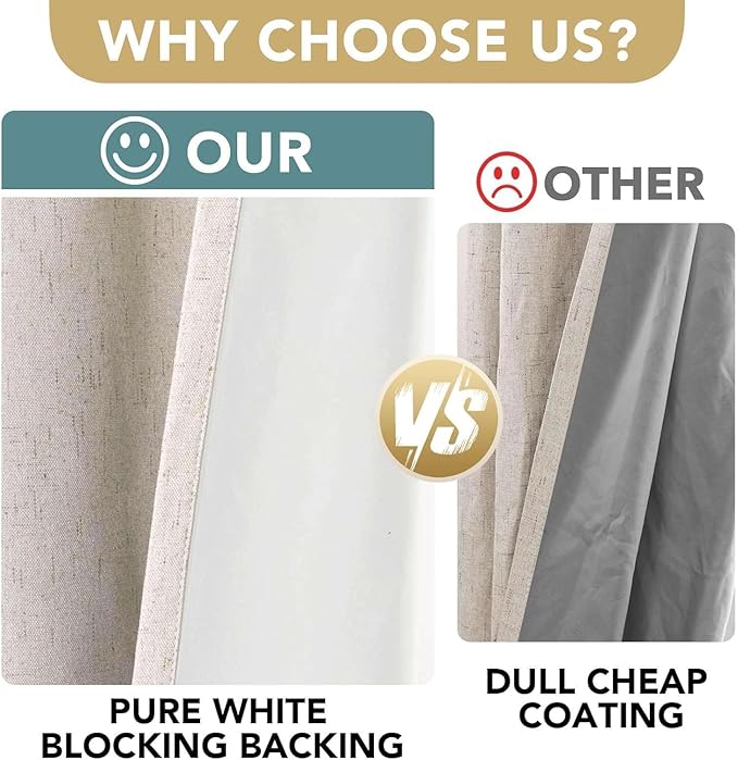 H.VERSAILTEX Linen Curtains 100% Blackout Curtains for Bedroom 102 inch Long Full Light Blocking Nature Linen Blended Window Curtains for Living Room Nickel Grommet (2 Panels, Natural)