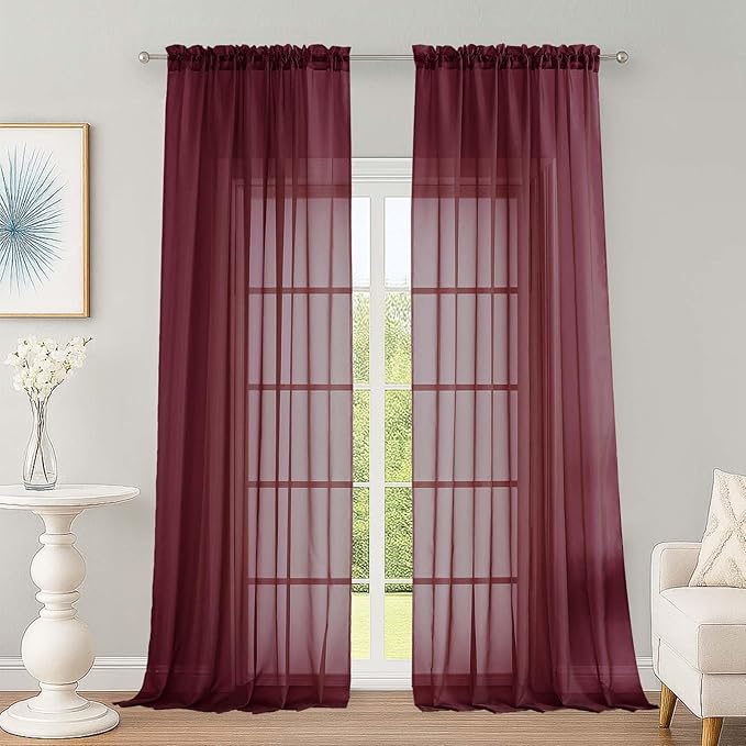 OWENIE Sheer Curtains 2 Panels Set for Bedroom Living Room, Soft Solid Rod Pocket Light Filtering Window Treatment, 2Pcs Each 59" W x 96" L, Burgundy Wine
