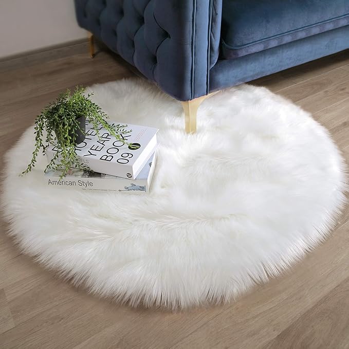 Ashler Faux Fur Rug - Fluffy Shaggy Area Rug, Ultra Soft 3 x 3 Feet Round, White Fuzzy Machine Washable Shag, Nursery Decor Throw for Bedroom, Kids Room, Living Room