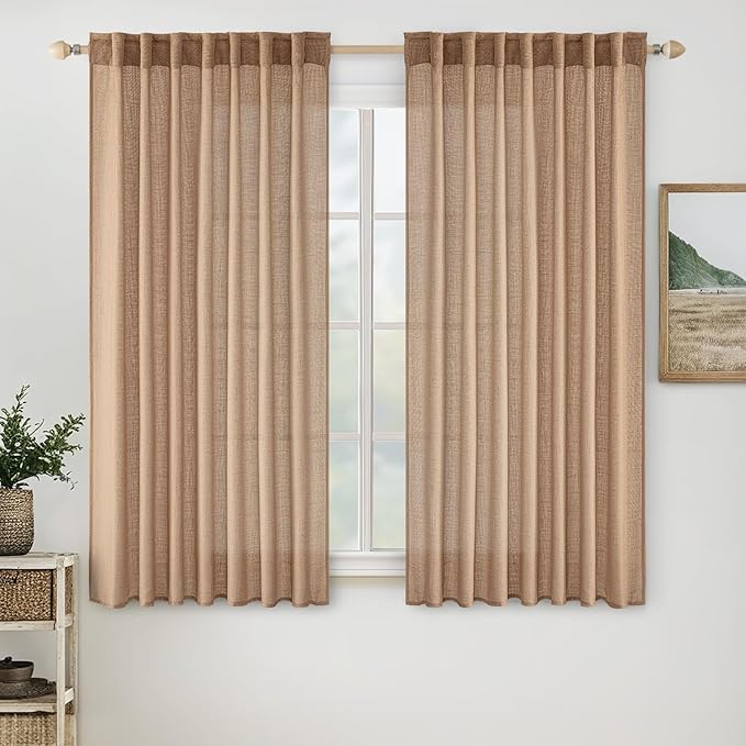 MIULEE Light Brown Linen Curtains 63 Inch Length 2 Panels for Bedroom Living Room, Soft Thick Linen Textured Natural Window Drapes Semi Sheer Light Filtering Back Tab Rod Pocket Burlap Look Decor