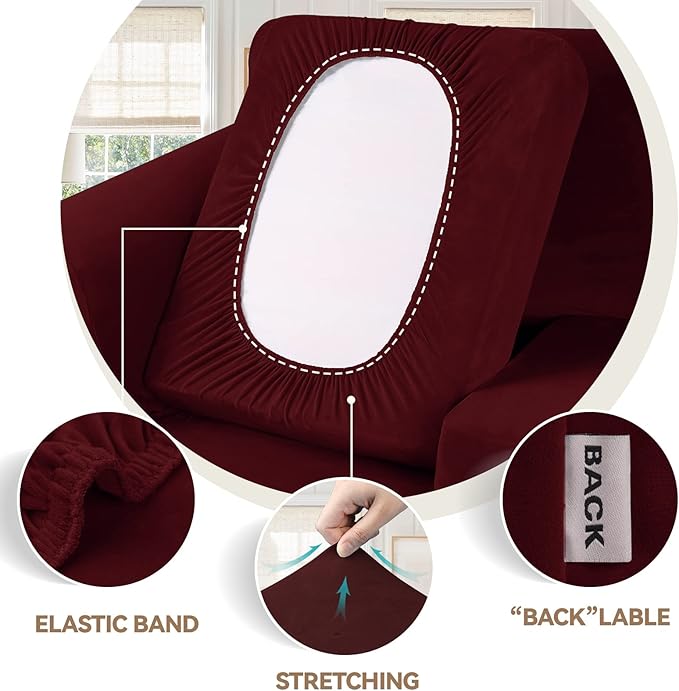 WEERRW Velvet Couch Covers for 2 Cushion Couch Sofa - High Stretch Luxury Velvet Plush 3 Pieces Sofa Slipcovers with Elastic Bottom, Furniture Protector for Pets, Machine Washable, Burgundy, Medium