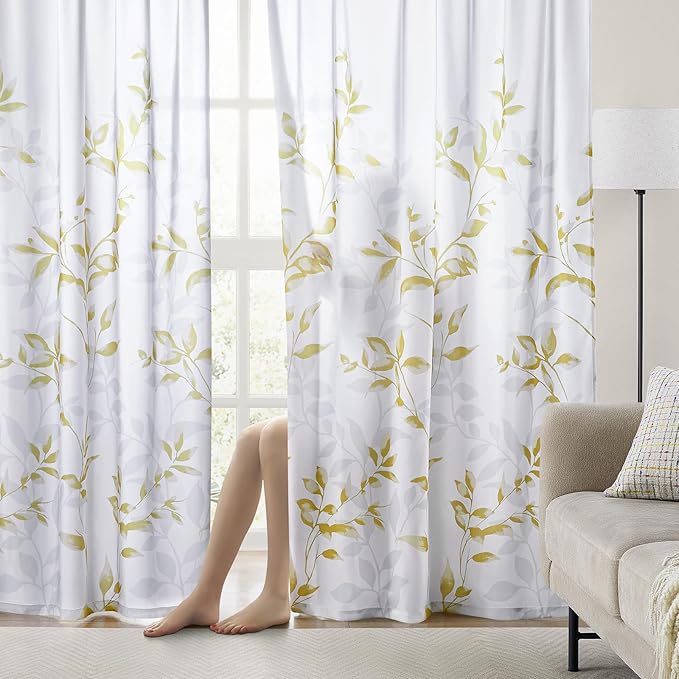 HOMEIDEAS Non-See-Through Gold and White Privacy Sheer Curtains 52 X 63 Inch Length 2 Panels, Leaf Floral Printed Light Filtering Semi Sheer Window Curtains Drapes for Bedroom Living Room