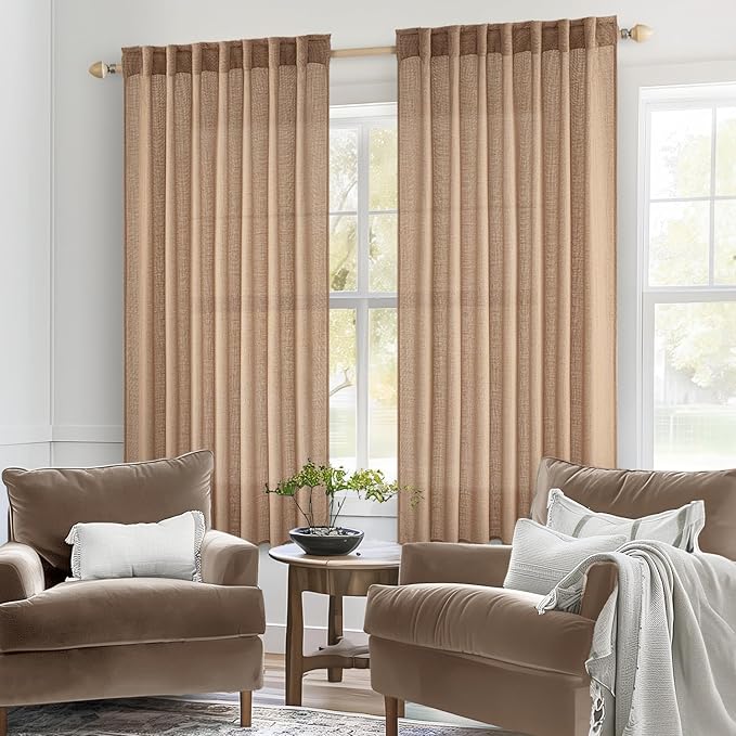 MIULEE Light Brown Linen Curtains 54 Inch Length 2 Panels for Bedroom Living Room, Soft Thick Linen Textured Natural Short Window Drapes Semi Sheer Light Filtering Back Tab Burlap Look Decor