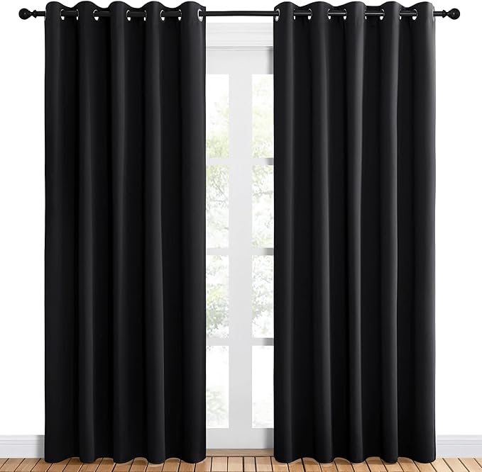 NICETOWN Blackout Draperies Window Curtain Panels, Autumn/Winter Thermal Insulated Solid Grommet Blackout Curtains/Drapes for Cafe (Set of 2, 60 inches by 84 inches, Black)