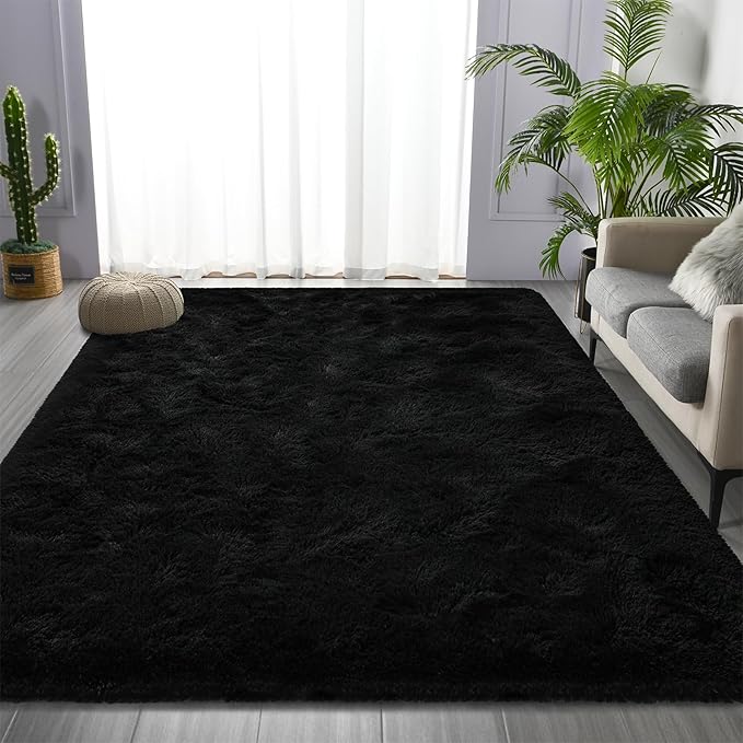Deerhoo Large Shag Area Rugs 5 x 8, Plush Fuzzy Rugs for Living Room, Ultra Soft Fluffy Furry Rug for Bedroom, Indoor Carpet Nursery Rugs for Kids Room Home Decor, Black