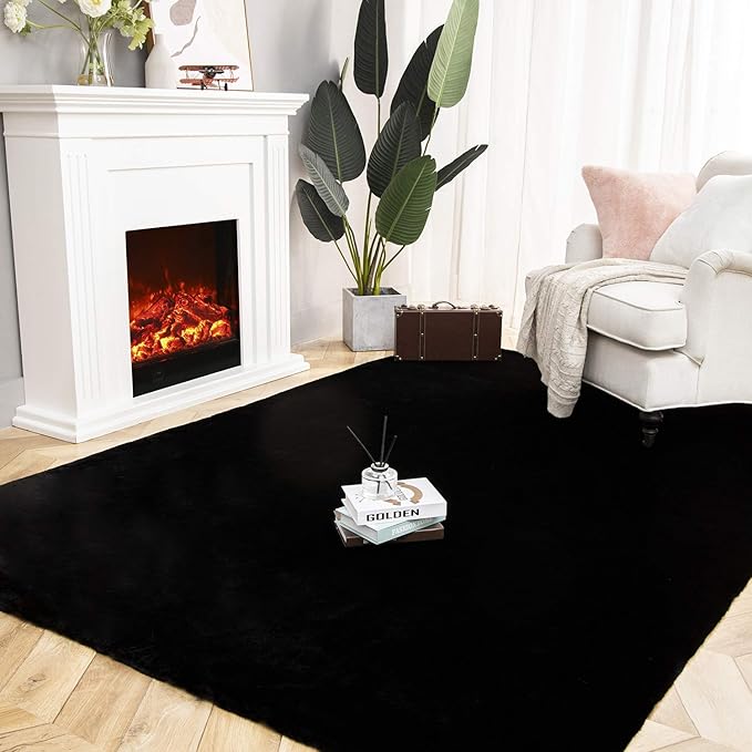 Ashler Faux Fur Rug, Ultra Soft Faux Rabbit Fur, Black Area Rugs, 6 x 9 Feet Rectangle, Machine Washable Nursery Decor Throw Rugs for Bedroom, Kids Room, Living Room