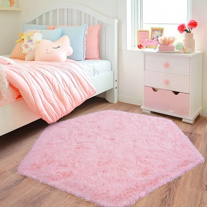 4x4.6 Feet Pink Hexagon Rugs for Princess Tent, Ultra Soft Fluffy Hexagon Area Rug for Bedroom, Cute Shag Rugs for Girls Room, Fuzzy Plush Carpet for Kids Room Tent Castle Home Decor