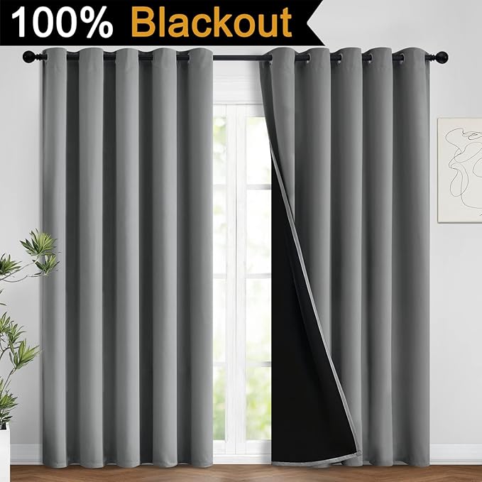 Yakamok 100% Grey Blackout Curtains for Bedroom, Light Blocking Thermal Insulated Noise Reducing Blackout Drapes for Living Room(62Wx96L, 2 Panels)