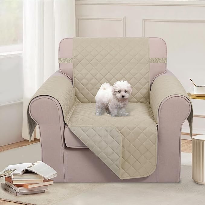 U-NICE HOME Reversible Oversized Chair Covers Quilted Water Repellent Pet Protectors with Elastic Straps(28''Armchair, Sand/Beige)