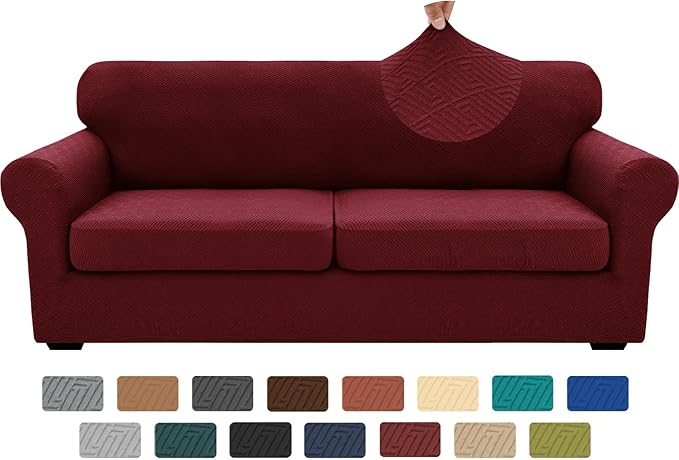 XINEAGE 2026 New 3 Pieces Couch Covers for 2 Extra Large Cushion Sofa Super Stretch Sofa Cover for 2 Large Seat Universal Loveseat Slip Cover for Living Room (Wine Red), 71"-91"(2 Cushions)