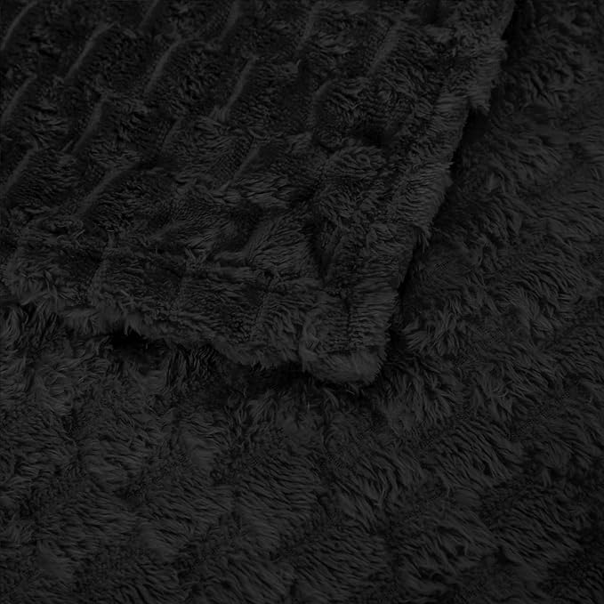 Puncuntex Black Throw Blanket 108"×90" inches Fuzzy 3D Jacquard Decorative Flannel Fleece Super Soft Plush Cozy Blanket for Couch Sofa Chair Lightweight