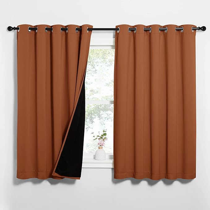 NICETOWN Burnt Orange 100% Blackout Lined Curtains, 2 Thick Layers Completely Blackout Window Treatment Thermal Insulated Drapes for Kitchen/Bedroom (1 Pair, 62" Width x 63" Length Each Panel)