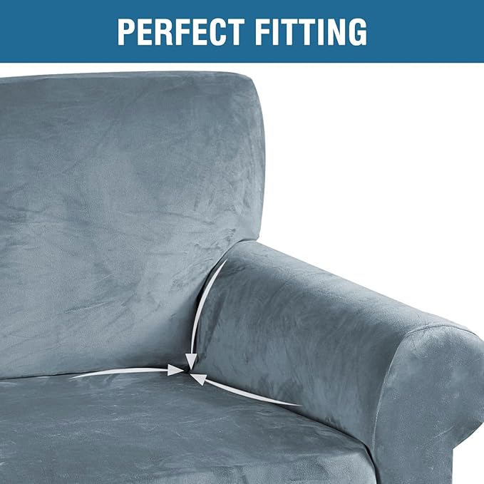 H.VERSAILTEX Stretch Velvet Loveseat Covers for 2 Cushion Couch Covers for Living Room Sofa Covers Slipcovers with Non Slip Straps Bottom, Ultra Thick Comfy Velour (Width 58"-72", Stone Blue)