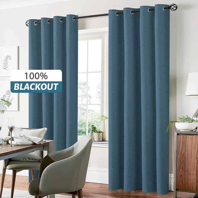 Yakamok Dusty Blue Linen Curtains 100% Blackout 84 Inches Long,Room Darkening Textured Curtains for Living Room Thermal Grommet Bedroom2 Panels with White Liner