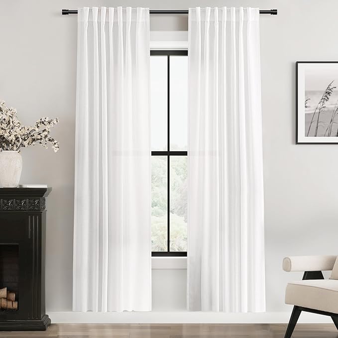 White Linen Curtains 72 inch Long 2 Panel Set for Living Room Back Tab Rod Pocket Semi Sheer Light Filtering Bedroom Window Curtain 72 inch Length Cotton Textured Modern Elegant Coastal Drapes