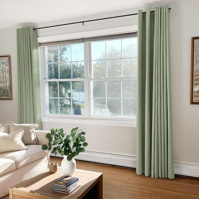 100% Blackout Shield Linen Blackout Curtains for Bedroom, Sage Green Grommet Curtains for Living Room, Thermal Insulated Room Darkening Drapes for Nursery, Boho Home Decor, 50" W x 72" L, 2 Panels
