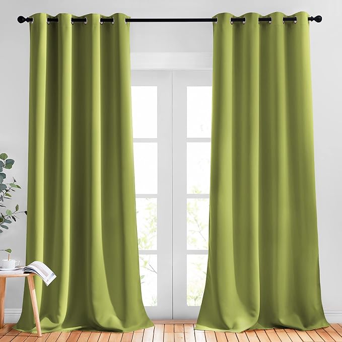 NICETOWN Fresh Green Room Darkening Curtains 102 inch Length, Grommet Energy Saving Thermal Drapes Sound Reducing Heat Blocking Window Treatments for Living Room, 2 Panels, W52 x L102
