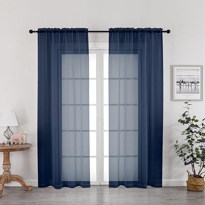 OWENIE Navy Blue Sheer Curtains 72 Inches Long 2 Panels, Transparent Voile Sheer Curtain Double Rod Pocket Gauze Drapes for Living Room Bedroom Window Sliding Glass Door Treatment, 42 x 72 Inch