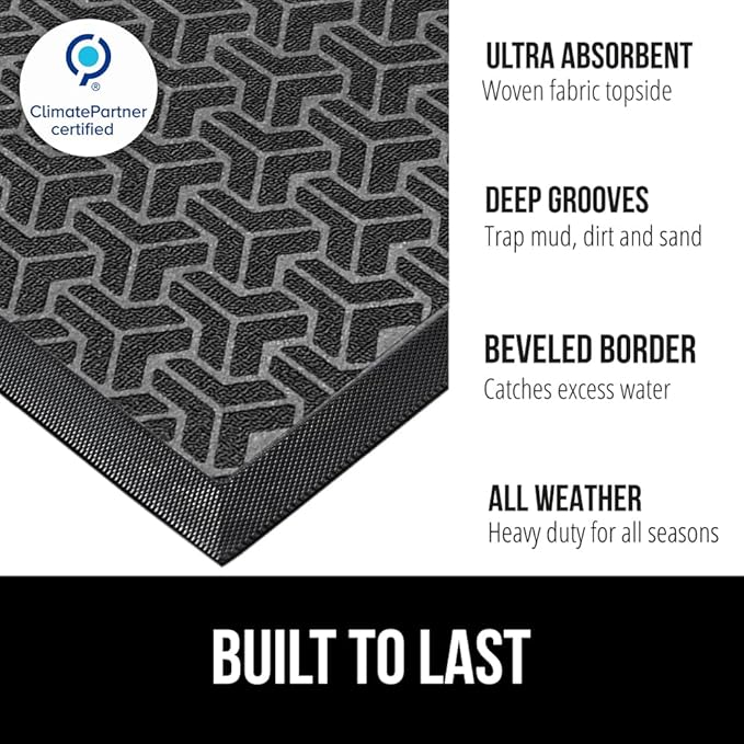 GORILLA GRIP 100% Waterproof All-Season WeatherMAX Doormat, US Designed Natural Rubber, Stain and Fade Resistant, Low Profile Indoor Outdoor Door Mats, Easy Clean Patio Mat, 29x17, Slate Geometric