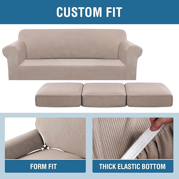 H.VERSAILTEX 4 Piece Stretch Sofa Covers for 3 Cushion Couch Covers for Living Room Slipcovers (Base Cover Plus 3 Seat Cushion Covers) Upgraded Thicker Jacquard Fabric (Sofa, Sand)