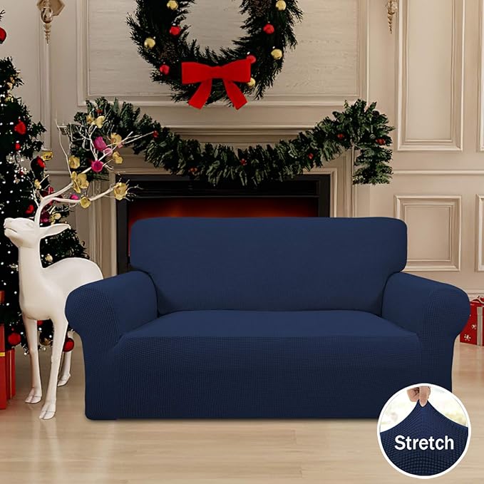Easy-Going Stretch Loveseat Slipcover 1-Piece Sofa Cover Furniture Protector Couch Soft with Elastic Bottom for Kids Polyester Spandex Jacquard Fabric Small Checks (Loveseat, Navy)