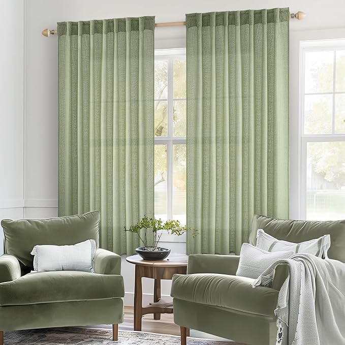 MIULEE Sage Green Short Linen Curtains 45 Inch Length 2 Panels for Kitchen Bedroom Bathroom, Soft Thick Linen Textured Basement Window Drapes Semi Sheer Light Filtering Back Tab Burlap Look Decor