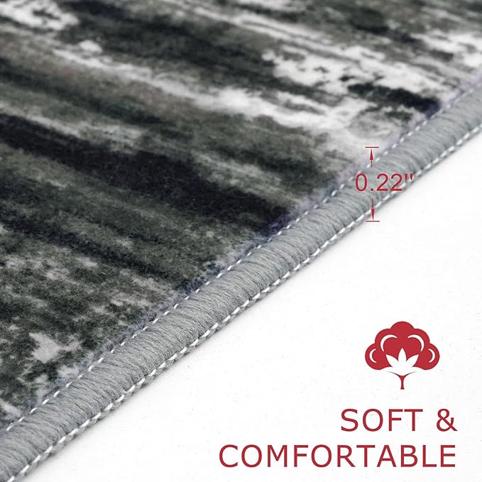 KOZYFLY Modern Abstract Washable Rug Runner 2.6x14 Hallway Rug Runner Non-Slip Soft Kitchen Runner Rugs, Black Grey Striped Carpet for Entryway Bathroom Laundry Room Foyer